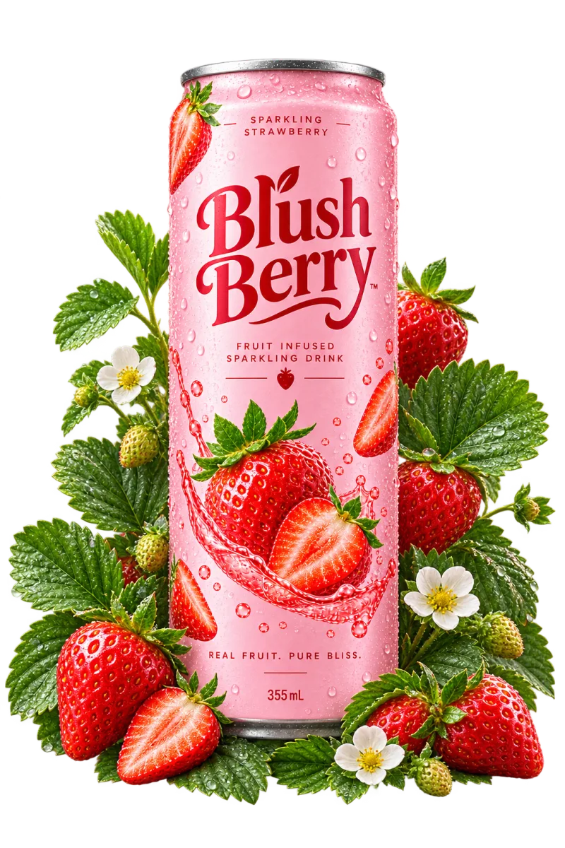 Blush Berry can surrounded by fresh strawberries and leaves