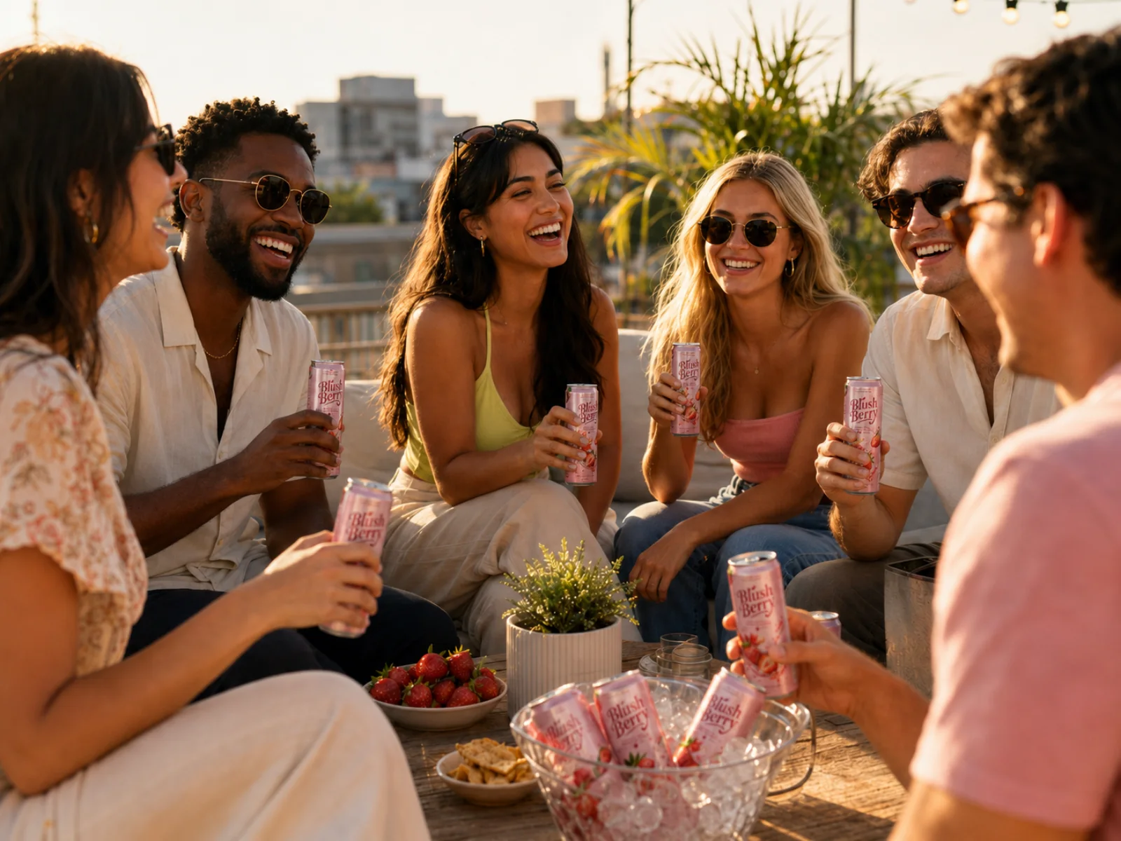 Friends enjoying Blush Berry cans together at a sunny rooftop gathering