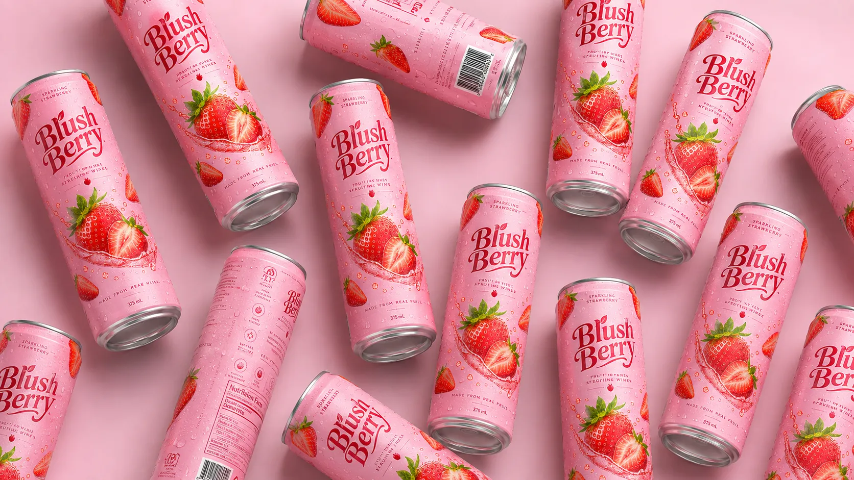 A collection of chilled Blush Berry cans arranged on a pink surface