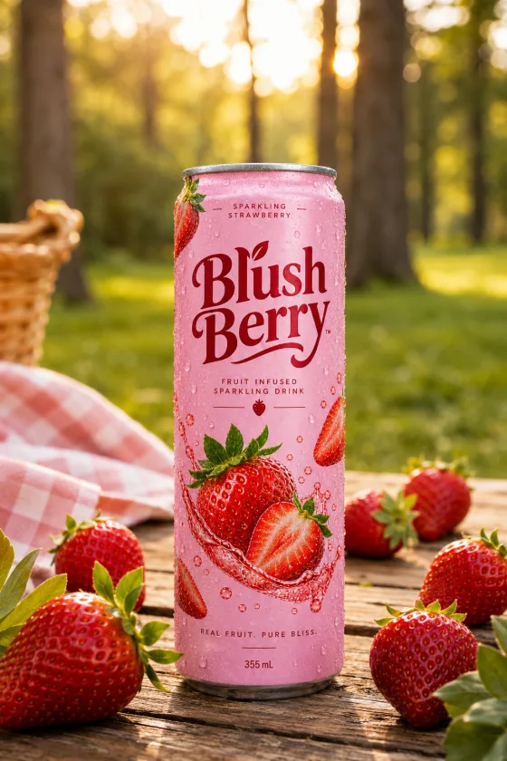 Blush Berry can on a picnic table with strawberries