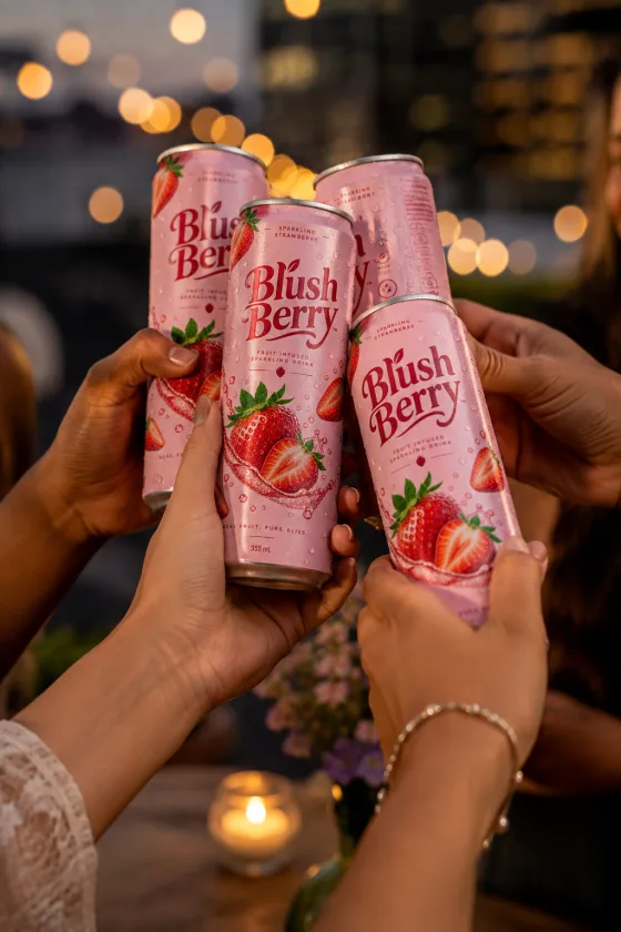 Friends toasting with Blush Berry cans